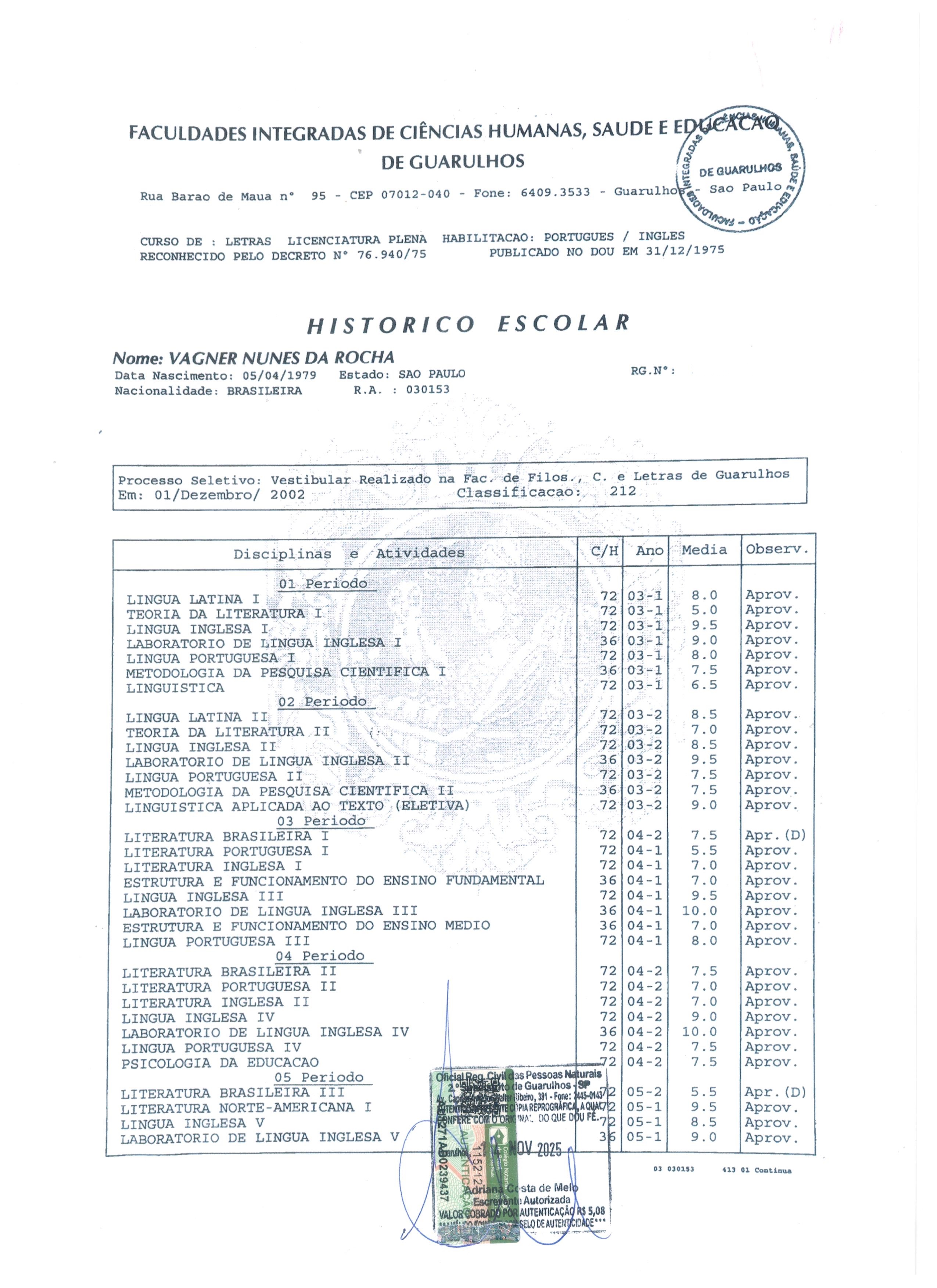 Histórico escolar frente
