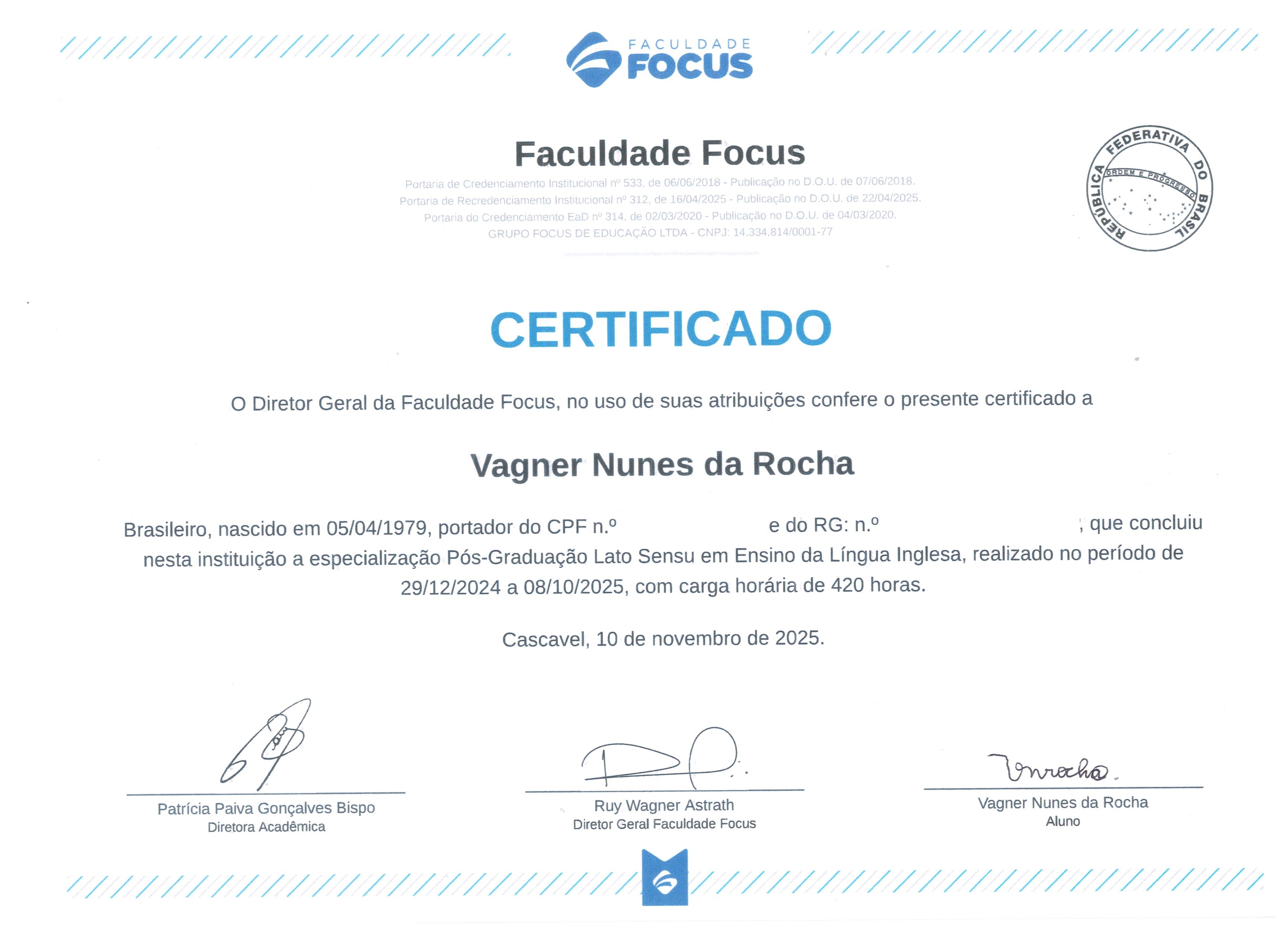 Certificado de pós-graduação frente