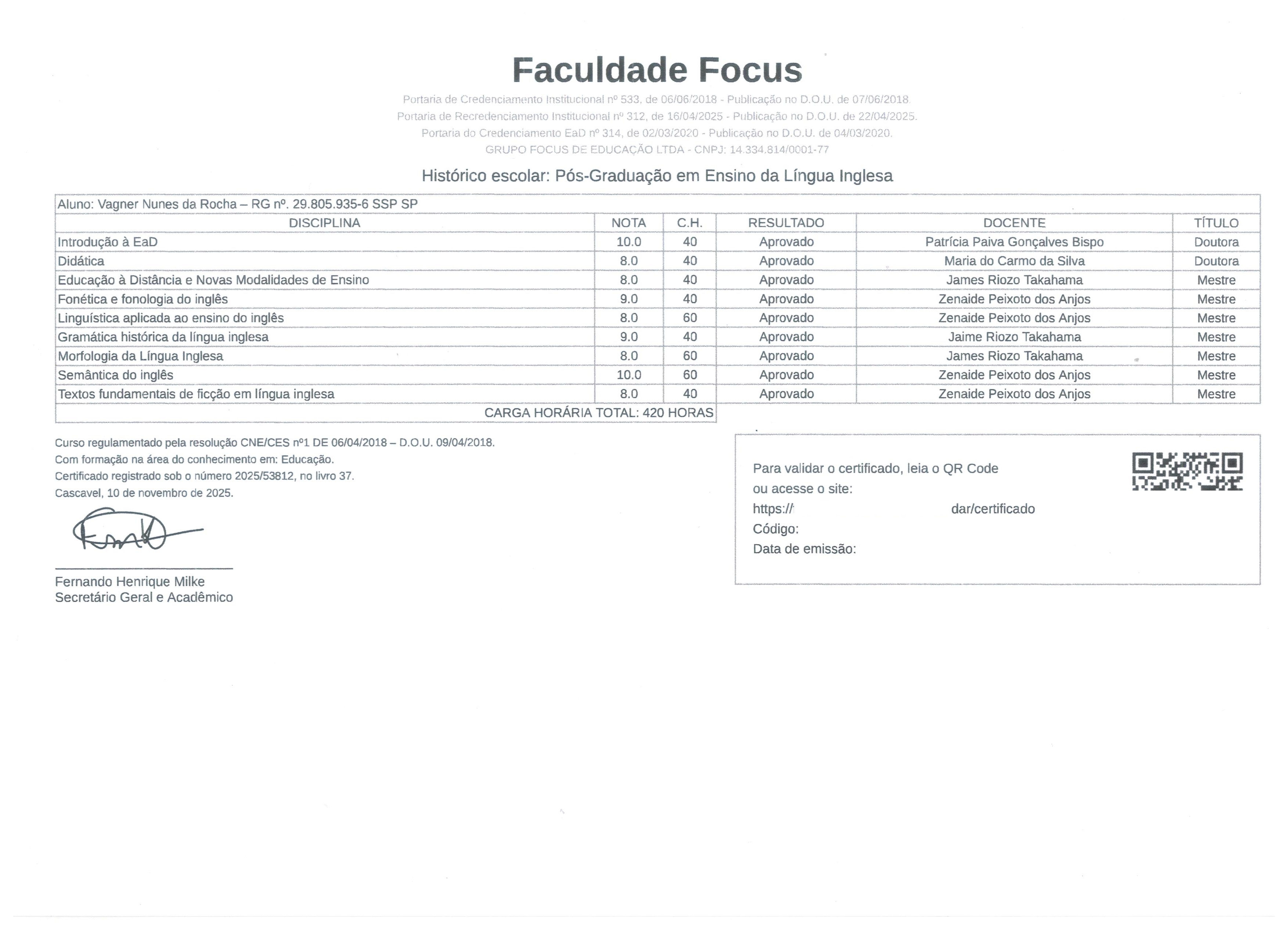 Certificado de pós-graduação verso